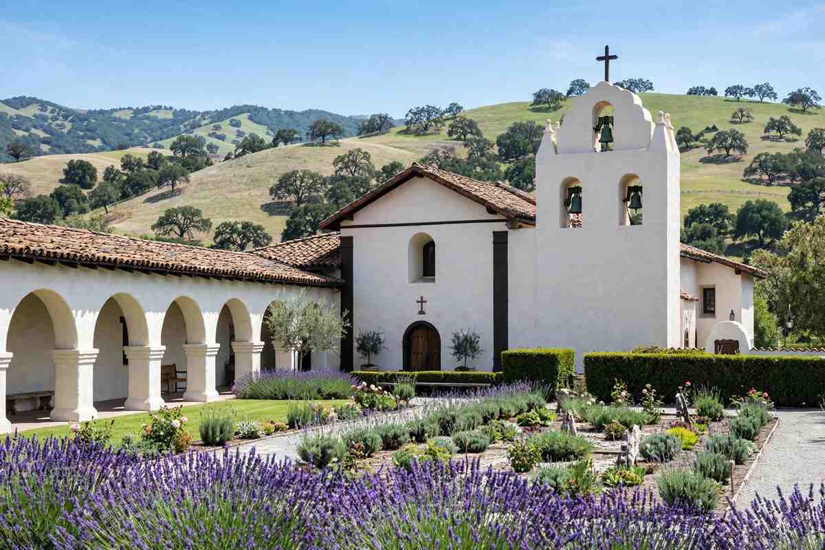 Old Mission Santa Inés with lavender gardens in Solvang, California